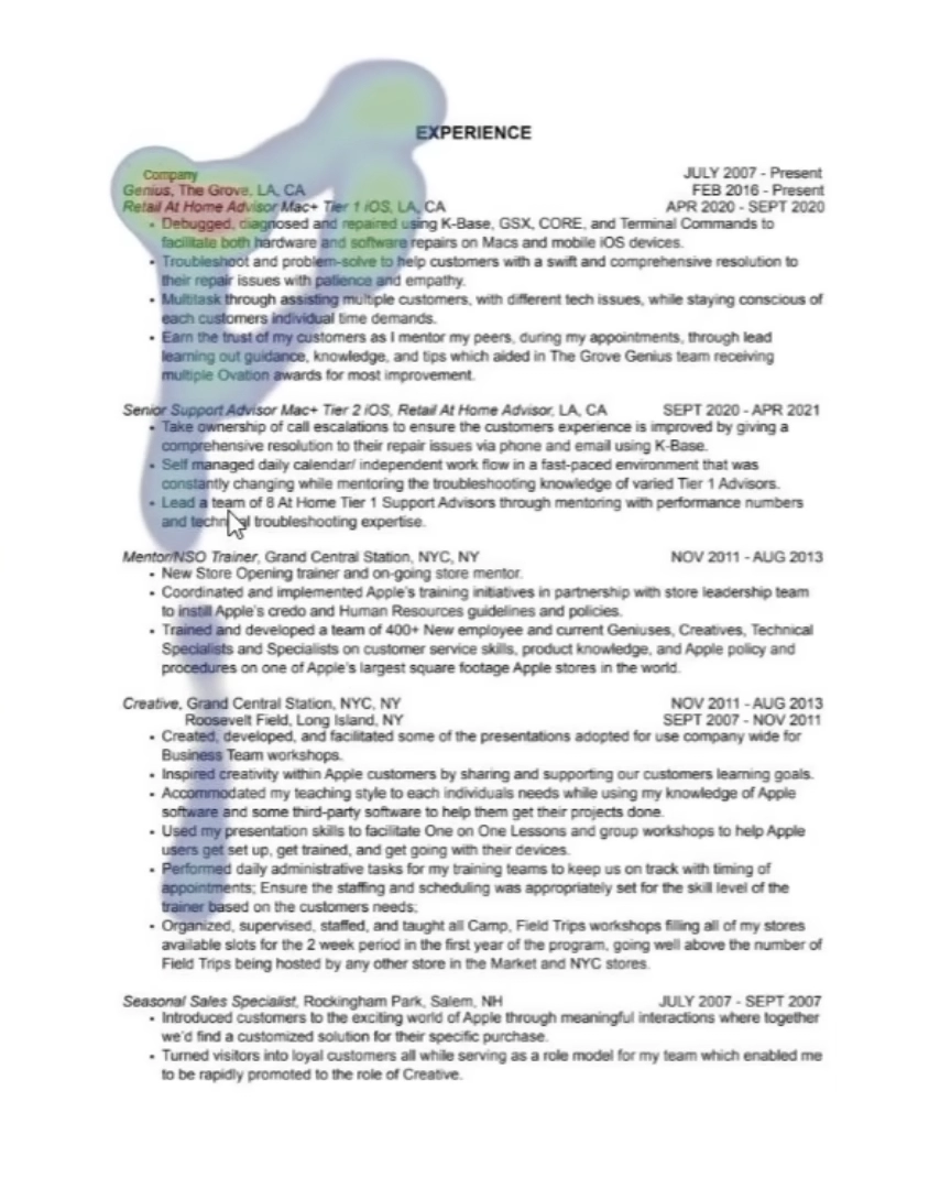 Heatmap of eye focus amount on a resumé