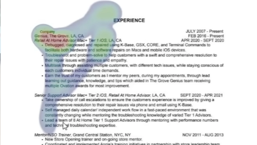 Heatmap of eye focus amount on a resumé